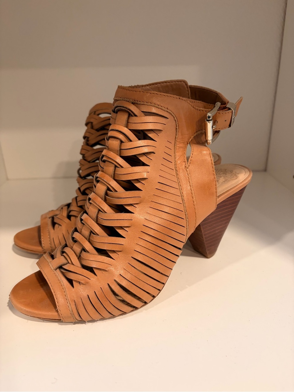 Vince Camuto Woven Cutout Tan Leather Block Heel Sandals